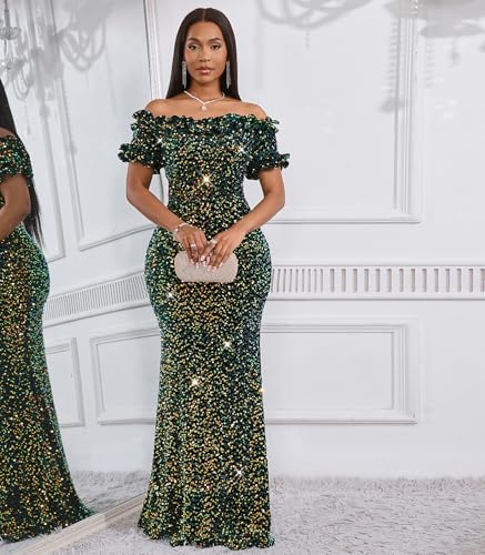 Image of dasmzper Women Sexy Sequin Off Shoulder Ruffle Short Sleeve Bodycon Mermaid Party Formal Evening Maxi Dress