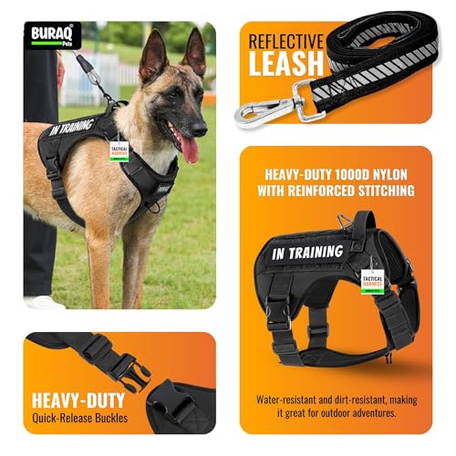 Image of Buraq Tactical Dog Harness No-Pull Heavy Duty Pet Harness Adjustable with Handle Easy Control, Tactical Vest Harness for Walking Training Hiking (Dark Green, XL)
