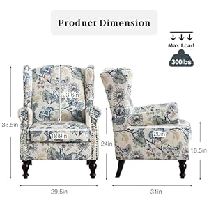 Accent chair for living room wingback floral accent chair with arms fabric printed armchair with nailhead trim and vintage legs comfy single sofa side reading chair for bedroom blue  urban country home decor