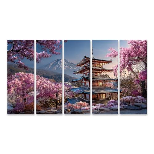 islandburner Tableau sur toile Paysage japonais avec fleurs de cerisier et pagode pour pièces à vivre - 5 pièces XXL - Edition M3