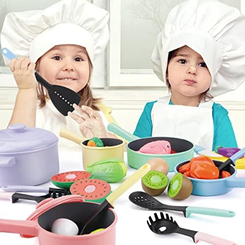 GILOBABY Kitchen Pretend Toy, Role Play Cutting Fruits Food Toy& Cookware Pot& Pan Set, Educational Gift Toy for Kid Girl Boy Toddler Age 3,4,5,6,7,8, Cooking Utensil Vegetable Toys for Children(PINK)