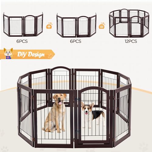 Image of Yaheetech 32 inchH 6-Panel Extra Wide Freestanding Dog Gate For Stairs Doorways | Sturdy Construction, Durable Support Feet, Tool-Free Setup, Fold Flat Barrier Ideal for Small /Medium Dogs, Espresso