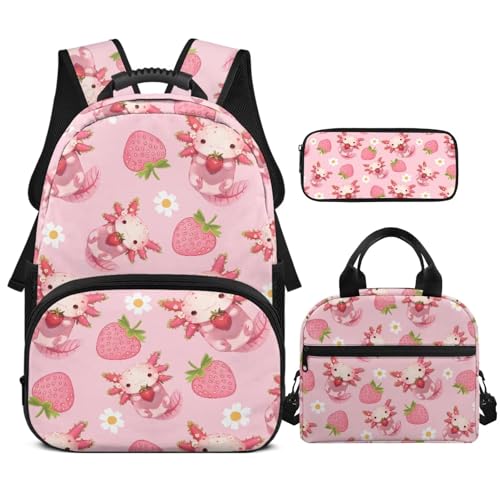 Strawberry Backpack for Toddler Girls Floral Girls School Backpack Axolotl Bookbag for Kids with Lunch Box 3 Pcs for Primary School Travel Rucksack