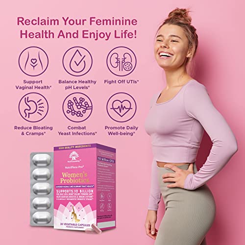 Image of NutriCelebrity NutriFlora-Pro Probiotics for Women - Support Vaginal, Urinary Health (UTI), Digestive System, Period Pain, Yeast, and BV Relief, Cranberry Pills, 10 Billion CFU 6 Strains (30 Caps)