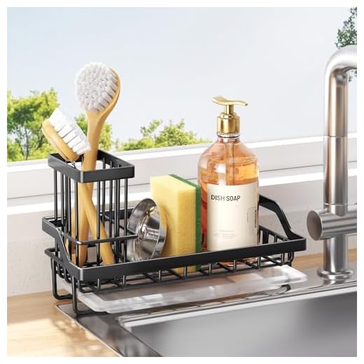 Consumest Sponge Holder for Kitchen Sink, Sink Caddy Kitchen Sink Organizer with Removable Drip Tray for Countertop Dish Soap Holder Dispenser Brush Holder, 304 Stainless Steel - Black