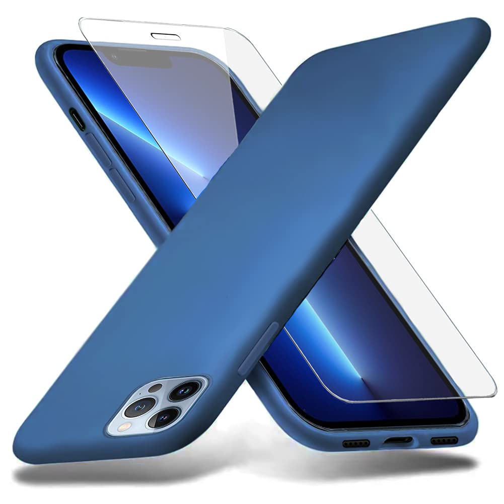 Richgle Compatible with iPhone 13 Pro Max Case & Tempered Glass Screen Protector, Slim Soft TPU Silicone Case Cover Shell Compatible with iPhone 13 Pro Max (6.7") - Blue RG81274