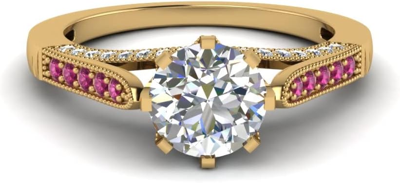 Choose Your Gemstone Cathedral Milgrain Diamond CZ Ring Yellow Gold Plated Round Shape Side Stone Engagement Rings Matching Jewelry Wedding Jewelry Easy to Wear Gifts US Size 4 to 12