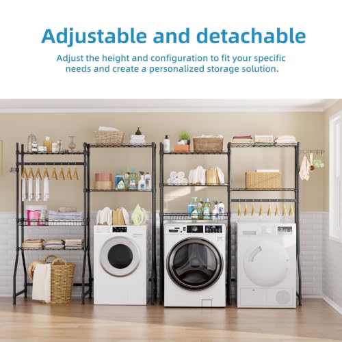 Image of Golpart Over Washer and Dryer Shelves,Heavy Duty Laundry Room Storage Organization Clothes Drying Rack,5 Tier Adjustable Height Wire Shelving and Wire Basket with Hanger Rod&Hook,Space Saving Shelf