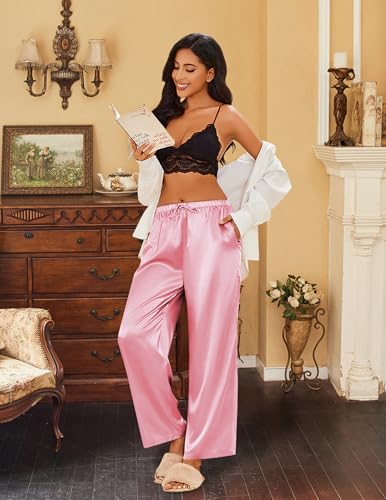 Image of Ekouaer Womens Silk Satin Pajama Lounge Pants Sleep Pj Bottoms with Pockets | Silky,Loose Wide Leg,Drawstring Elastic Waist,Casual,Loose,Elegant