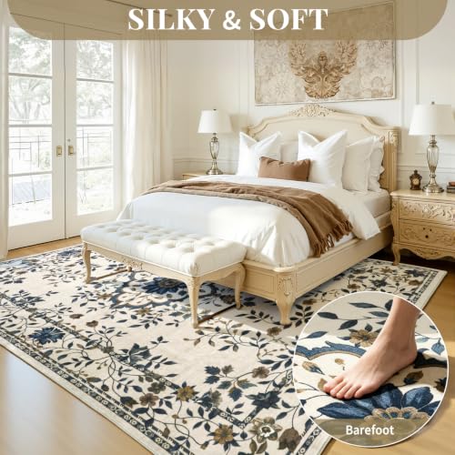 UKISS Washable Rugs 5'x7' Area Rugs for Living Room ，Ultra Silky Floral Rug for Bedroom, Vintage Indoor Floor Large Area Rug，Non Slip Low Pile Carpets for Home Office Blue - image 4