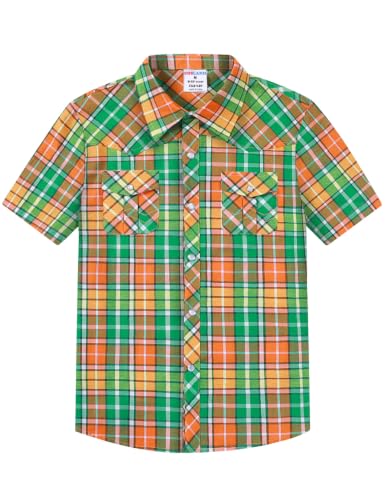 Image of COSLAND Boy's Toddler Cotton Western Short Sleeve Button Down Plaid Shirt, 4-14 Years