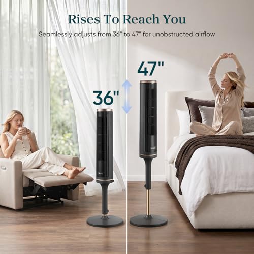 Image of LEVOIT Tower Fan for Bedroom, Smart Standing Fan with 36 inch-47 inch Adjustable Height, 28dB Quiet for Sleep, 90 Oscillating Room Fan, 23 ft /s Velocity, 5 Speeds 4 Modes, 12H Timer, Remoter, for Home, Grey