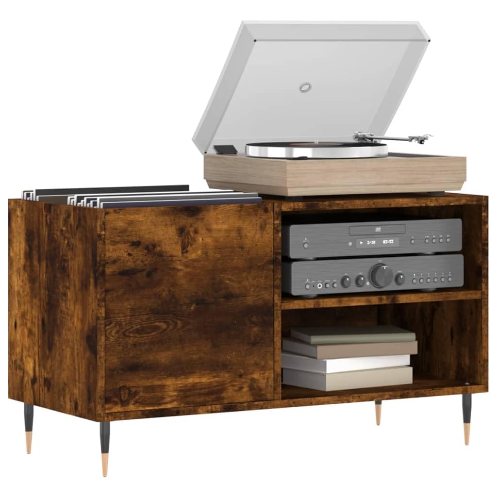 Armadio per dischi in legno di quercia affumicata, 85 x 38 x 48 cm, stile vintage, in vinile, con gambe in ferro, per il soggiorno