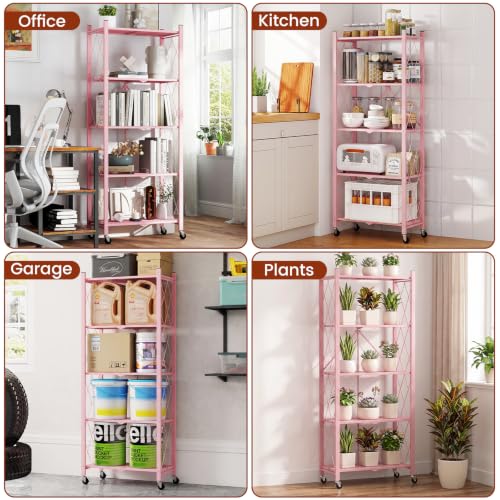 Image of ALANNG 60.6 Inch Folding Bookshelf, 5 Tier Metal Bookcase and Bookshelves | Tall Shelves for Living Room Office Bedroom, Heavy Duty Book Shelve Free Standing Open (Pink, 4PACK)