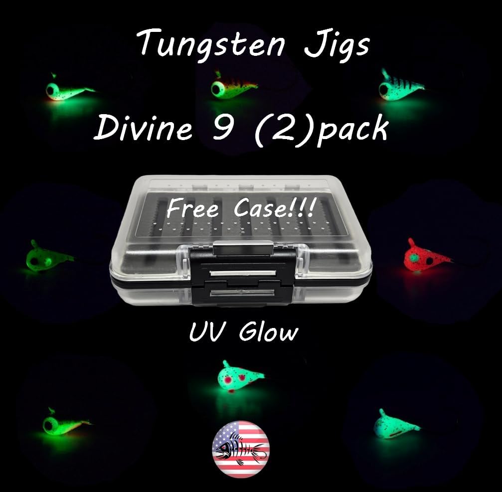 Tungsten UV Glow Ice Fishing Jigs - Divine 9 X 2=18 Pack Plus Free Tackle Box Case Included 4mm 1.1gm #10 Hook Lure Bait Walleye Crappie Panfish Trout