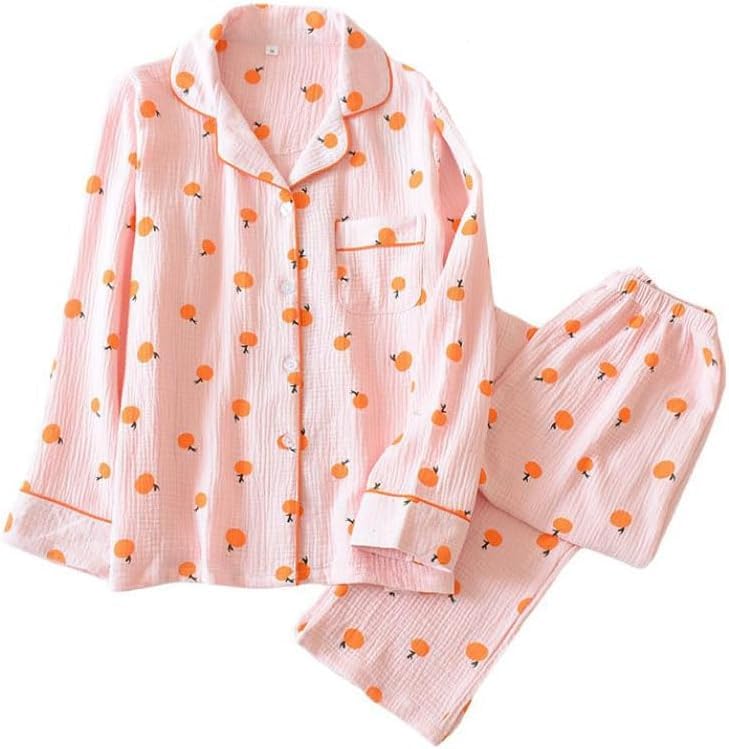 Image of codcm Womens Cotton Gauze Pajama Set Long Sleeve Button Up Shirt and Pants 2 Piece Cute Printed Pj Set