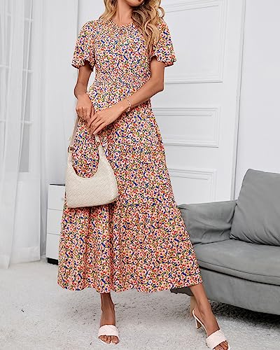 Image of PRETTYGARDEN Women's Casual Smocked Boho Floral A-Line Maxi Dress 2026 | Summer Short Flutter Sleeve Crewneck Tiered Long Sundress,Fall Wedding Guest Dresses,Spring Cute Flowy Beach Vacation Clothes