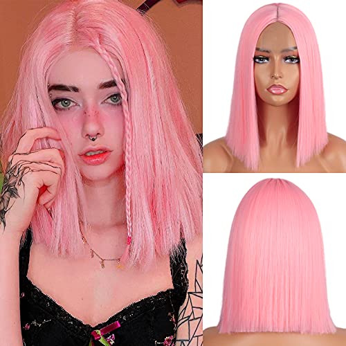 MERISIHAIR Short Pink Bob Wig for Women,Pink Short Straight Wig ,Shoulder Length Bob Wigs for Women Colorful Fashion Bob Wigs