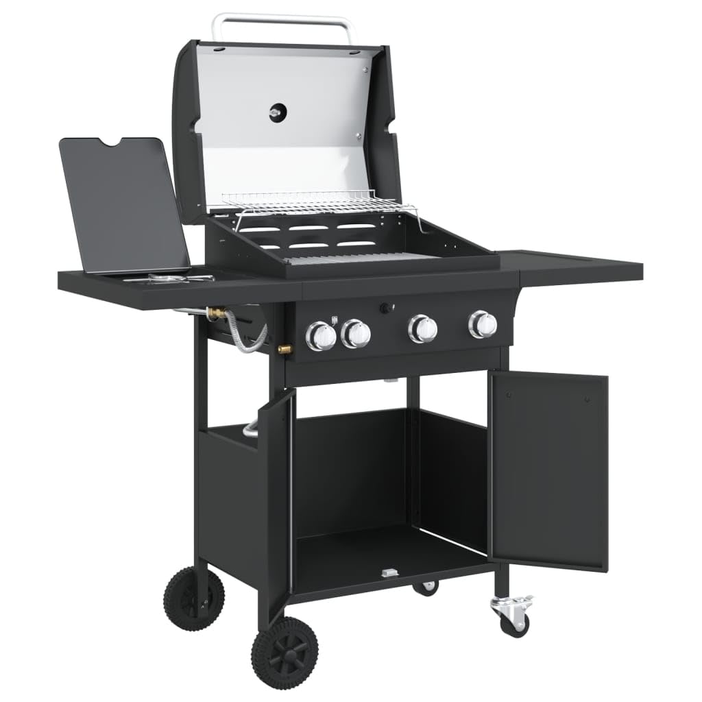 vidaXL Gasgrill mit 4 Flammen, Grillwagen mit Piezo-Zündsystem Thermometer, Gartengrill mit Rädern Stauraum, Grillstation, Schwarz Pulverbeschichteter Stahl