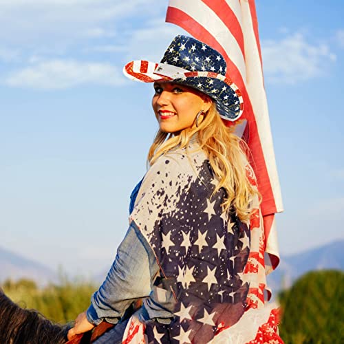 Fluffy Sense. American Flag Cowboy Hat Vintage Usa Classic Western Style Party Rock Star Rodeos Parade Patriotic Unisex Cowboy Cowgirl Hat (Blue Gold Shine) #TOP2