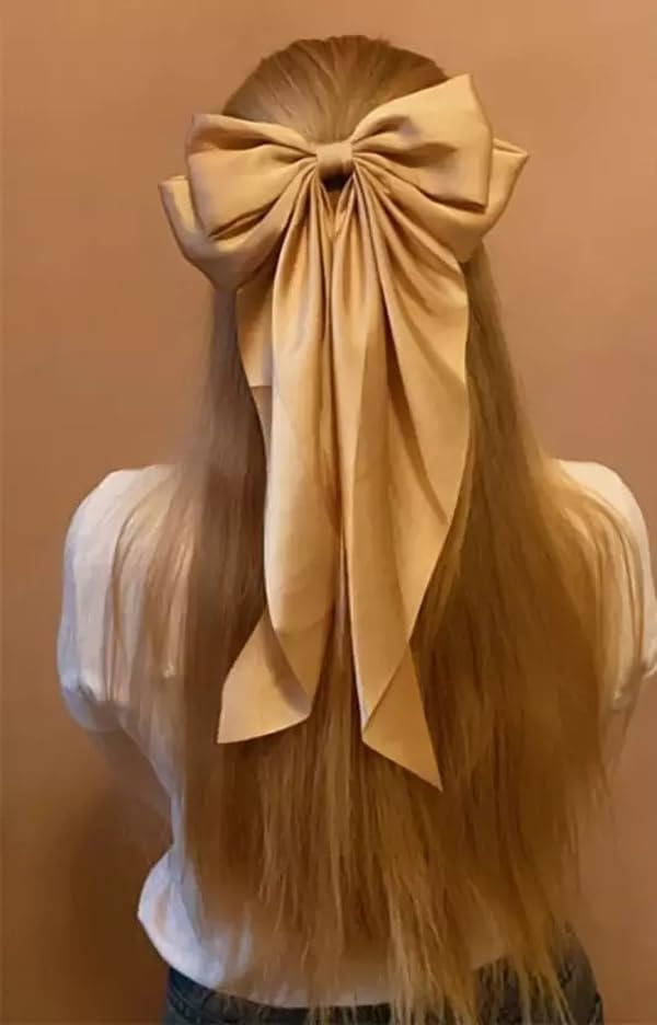 Image of FilterFashion Big Satin Layered Hair Bows for Women Girls 11.5 Inch Barrette Hair Clip Long Back Ribbon Bows French Style Hair Accessories (Gold-1Pcs)