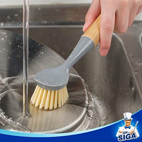 Mr.siga Dish Brush With Bamboo Handle Built-In Scraper, Scrub Brush For Pans, Pots, Kitchen Sink Cleaning, Pack Of 2 #TOP3