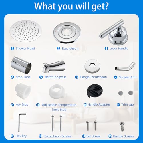Replacement for Moen Shower Faucet Trim Kit, 8" High Pressure Rain Showerhead, Shower Handle& Tub Spout, (Valve& Catridge Not Inclued), Chrome by Ultrimkit - Used condition - Image 6