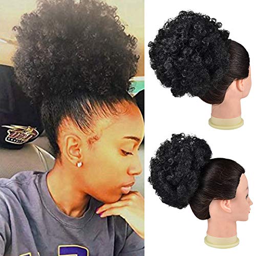 Hawkko Afro Puff Drawstring Ponytail for Black Women Short Curly Synthetic Two Clips Hairpieces Extension Large 1B