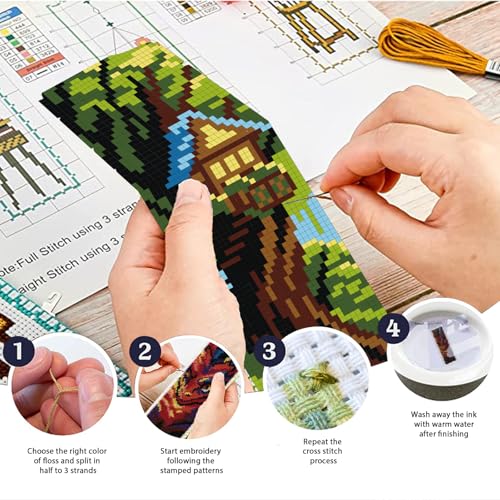 Image of ACRNIGHEET 6 PCS Cross Stitch Bookmark Kit DIY Bookmarks Cross Stitch Kits Stamped Embroidery Bookmarks for Adults Beginners Fantasy Pattern Bookmarks with Instructions Hand Craft Gift, 7.87''x2.36''