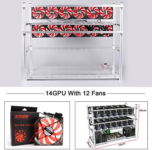 Aluminum 14 GPU Mining Rig Case With 12 PCS 120mm Case Fan, Stackable Open Air Frame Miner Case For ETH/ETC/ZCash/Cryptocurrency(Red Fans,Silver)