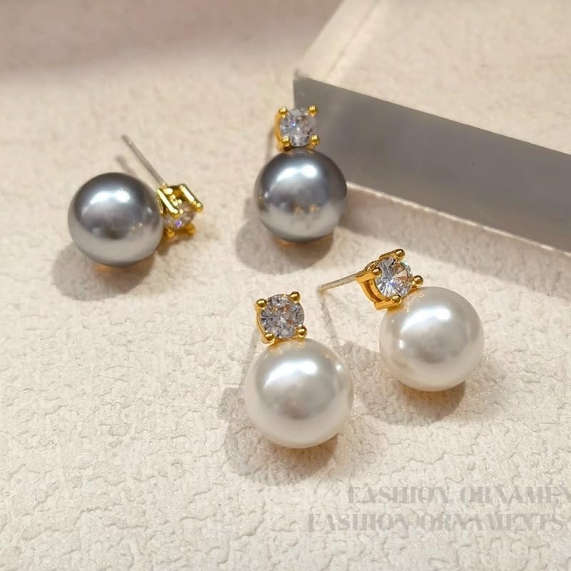 Pearl Earrings for Women Trendy - 14K Gold Plated Cubic Zirconia Earrings Studs Cute Pearl CZ Dangle Earrings Elegant Simple Cute Gold Jewelry for Wedding Bridesmaid Gift - Image 5