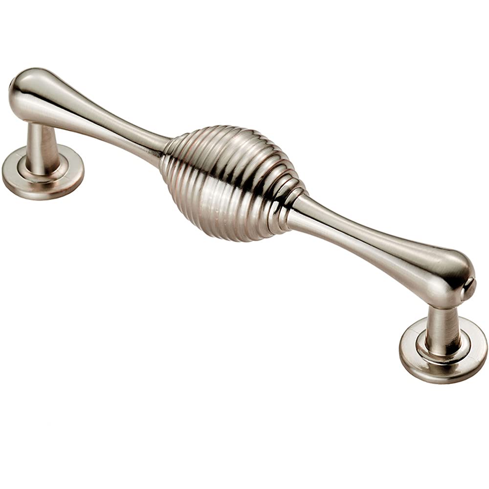 Loops Satin Nickel Reeded Beehive Handle On Round Rose And Stem- 128Mm Fixing Centres- | Traditional Cabinet Pull Handle - Wardrobe Cupboard Door Handle - Suitable For Lightweight Internal Doors