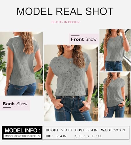 Image of SHEWIN Womens Tops Crewneck Cable Knit Short Sleeve Sweater Loose Lightweight Blouses Dressy Casual Pullover Sweaters Top