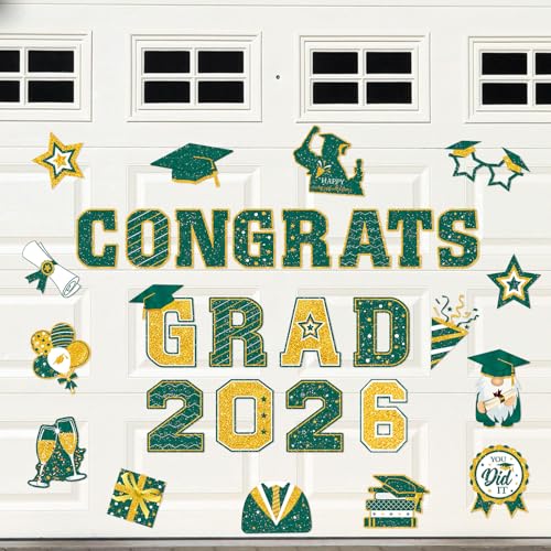 Image of Landhoow 30 Pcs Graduation Car Magnets 2026 Senior Graduation Car Decoration Bumper Sticker Congrats Grad Magnet Magnetic Refrigerator Decal for Grad Parade Party Supplies(Green, Gold)