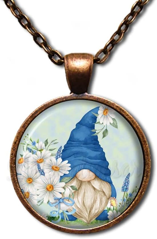 Beautiful Gnome with Daisy Flowers Handmade ROUND Glass Pendant Necklace Jewelry