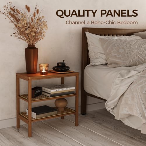 Rattan Side Table Mid Century Modern End Table 3-Tier with Storage Narrow Coffee Table Boho Night Stand Bamboo - Image 7
