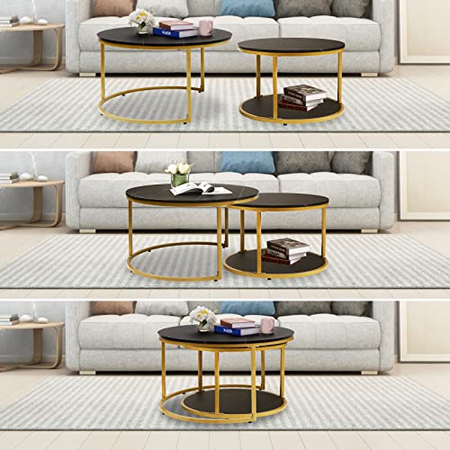 Image of NSdirect Nesting Coffee Table Set of 2,Round Coffee Tables Modern Circle Table for Living Room Accent End Side Table with Storage Open Shelf Faux Marble Wood Top & Gold Sturdy Metal Frame(Black&Black)