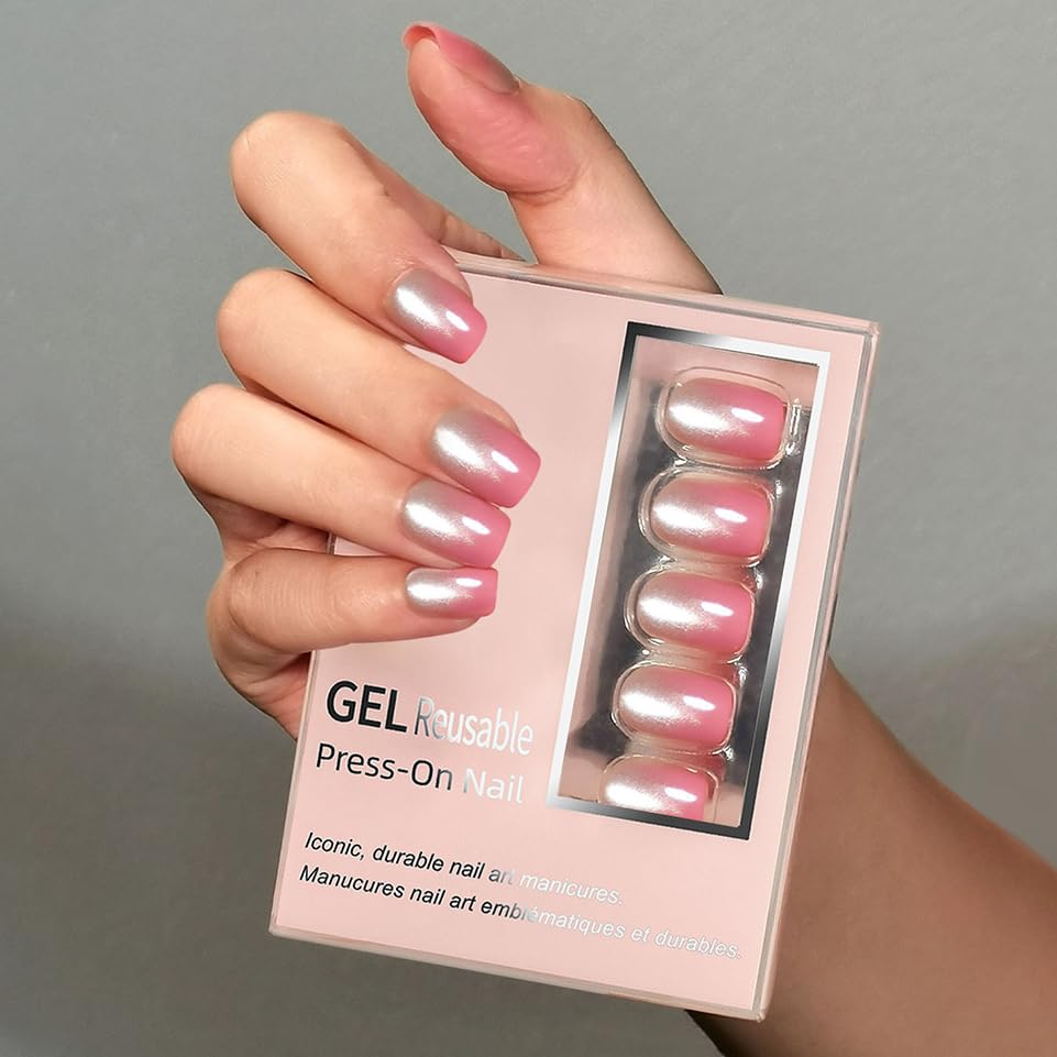 CUZIAM Ombre Pink Cat Eye Press on Nails Short Square, Glossy Soft Gel Glitter Chrome White Pink Glue on Nails, 30Pcs Shimmer Magnetic Full Cover