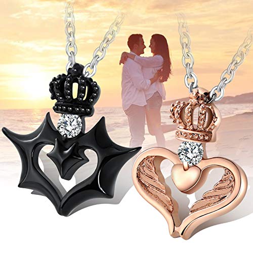 Aienid Couple Necklace Set For His And Hers Queen And King Necklaces Stainless Steel Devil And Angel Crown #TOP6