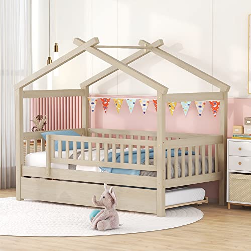 Twin-Size-House-Bed-with-Trundle-Wooden-Playhouse-Kids-Bed-Frame-with-Roof-and-Fence-Montessori-Style-Bed-with-Guardrails-for-Kids-Teens-Boys-Girls-Natural Twin Size House Bed with Trundle Wooden Playhouse Kids Bed Frame with Roof and Fence Montessori Style Bed with Guardrails for Kids Teens Boys Girls Natural