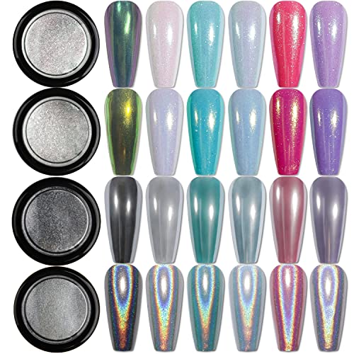 BISHENGYF 4 Cajas Polvo de Uñas de Cromo,Polvo efecto espejo Para manicura y arte de uñas Uñas Cromo Arco Iris Cromo Arco Iris Camaleón Polvo de Uñas Espejo Brillo de Uñas Cover