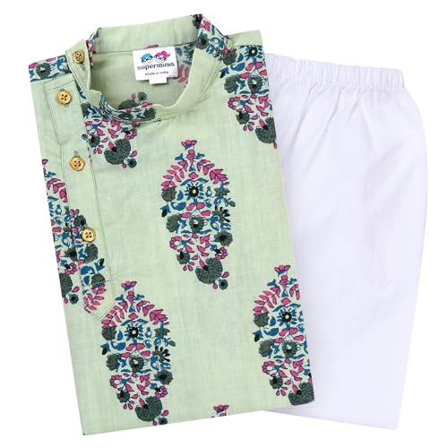 Image of superminis Boys Cotton Full Sleeves Side Open Sanganeri Printed Kurta With Pyjama Set
