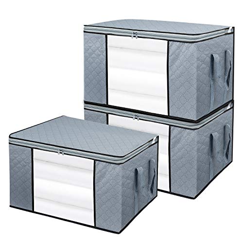 BoxLegend Bolsa de armazenamento de roupa organizador de grande capacidade com alça reforçada tecido grosso janela transparente grande para edredões, cobertores, roupa de cama, embalagem de 3, 90 L