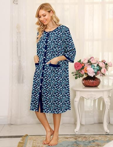 Image of Bloggerlove House Dress Women Cotton Snap Front Nightgown 3 /4 Sleeve Housecoat Duster Robe with Pockets Moomoo Patio Dress