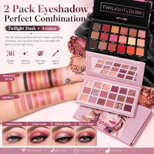 UCANBE 2Pcs Twilight Dusk & Aromas Nude Eyeshadow Palette Makeup Set, Matte Shimmer Glitter Pressed Pearl All Highly Pigmented Blending Powder, Natural Velvet Texture Eye Shadow Kit - 2