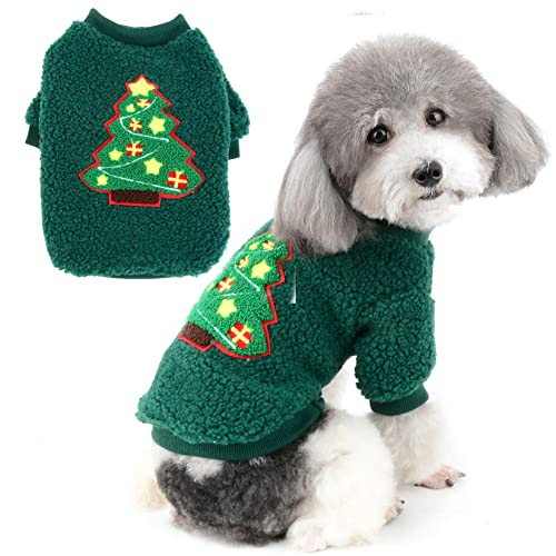 Zunea Ropa de Navidad para Perros Pequeños Jerséis Invierno Abrigo de Forro Polar Cálido Cachorros Ropa Suéter de árbol de Navidad Chaqueta Clima Frío Suéter Ropa para Mascotas Chihuahua Verde XL