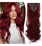 Fanguilar Clip in Hair Extensions 24 Inch 8PCS Wine Red Long Wavy Synthetic Hair Extensions Clip ...
