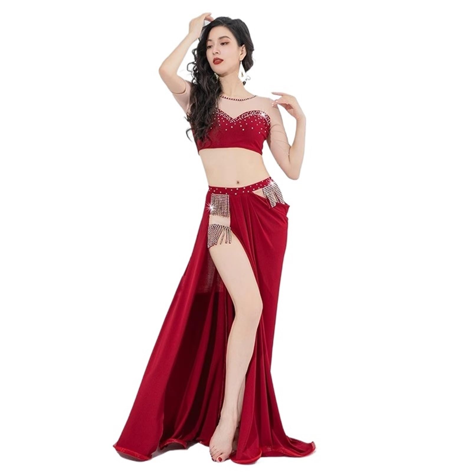 Abito da Ballo Elegante Costume Danza del Ventre Elasticizzato con Giuntura Divisa Top in Rete Nuda Gonna Lunga arricciata Frange Luccicanti