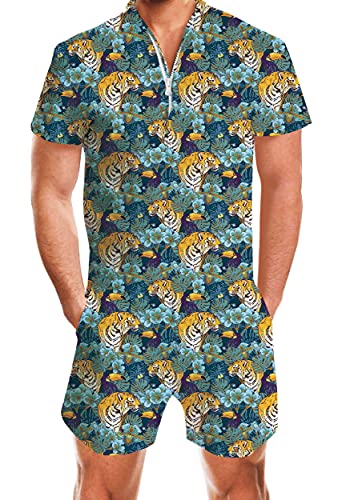 Men s Rompers Tiger Male Zipper Jumpsuit Shorts Luau Leaves One Piece Romper Slim Fit Bro Short Sleeve Shirt Outfits