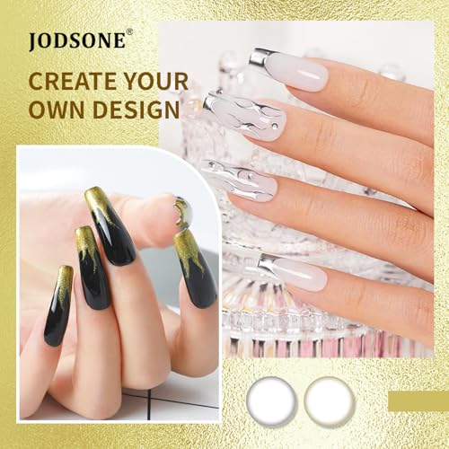 JODSONE 2pcs Metallic Nail Art Gel Liner Gold Mirror Chrome and Silvery 3D Effect Gel Nail Polish Thin Brush Metal Painted DIY at Home Salon Quality
